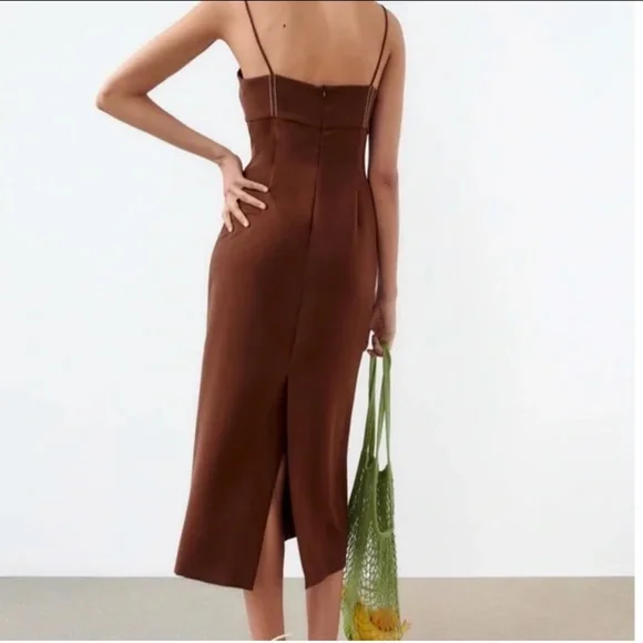 Zara Brown Topstitch Midi Dress - Picture 3 of 3